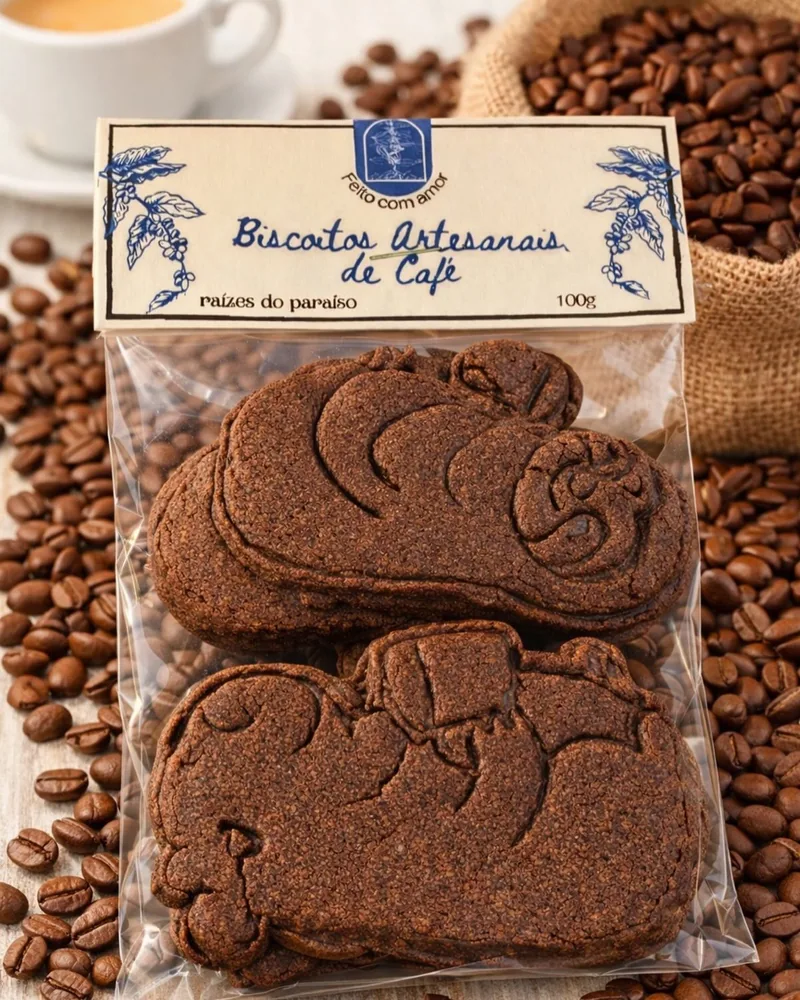 Pacote de biscoitos artesanais de café sobre grãos torrados