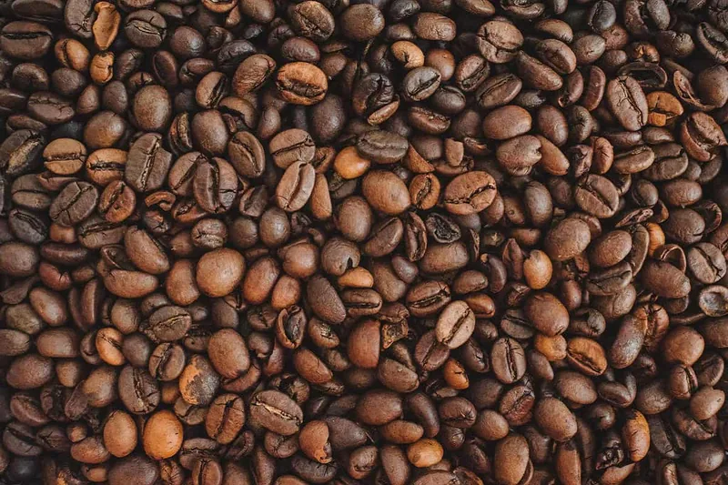 Grãos de café torrados vistos de perto